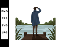 Man standing on wooden pier looking at lake surrounded by gr Product Image 1