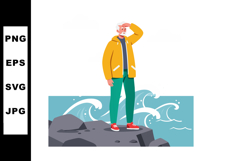 Elderly man in yellow jacket standing on rock near ocean wav Product Image 1