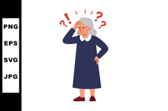 Elderly woman confused with question marks in navy dress vec Product Image 1