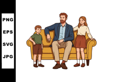 Father with son and daughter sitting and standing by yellow Product Image 1