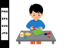 Boy cutting green paper with scissors at crafting table with Product Image 1