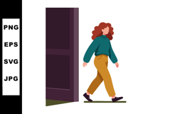 Woman walking out from dark doorway wearing teal sweater and Product Image 1