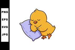 Sleeping yellow baby chick hugging purple pillow cute cartoo Product Image 1