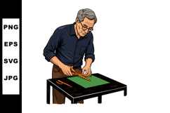 Man cutting green paper with scissors at black wooden table Product Image 1