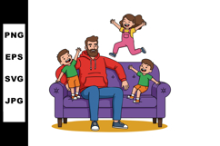 Father sitting on purple couch with three happy children pla Product Image 1