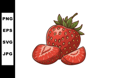Fresh ripe strawberry fruit with green leaves and sliced pie Product Image 1