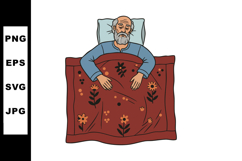 Elderly man resting in bed under floral patterned blanket wi Product Image 1