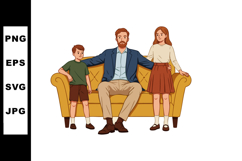Father sitting on yellow sofa with son and daughter standing Product Image 1