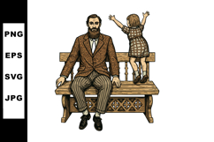 Man with beard sitting on wooden bench while child in checke Product Image 1