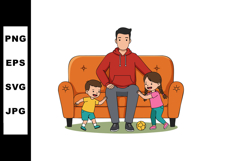 Father Playing with Son and Daughter on Orange Couch in Fami Product Image 1