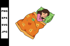 Sleeping girl under orange blanket with animal prints and gr Product Image 1