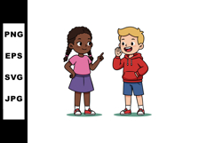Two children talking girl in purple skirt boy in red hoodie Product Image 1