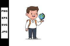 Boy holding globe showing earth with backpack cartoon vector Product Image 1