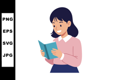 Young woman reading book with blue cover and pink sweater ve Product Image 1