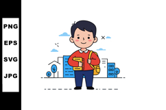 Young schoolboy holding book and backpack in urban cityscape Product Image 1