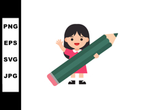Girl holding large green pencil smiling cheerful school conc Product Image 1