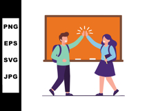 Students giving high five in classroom with orange blackboar Product Image 1