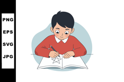 Boy drawing star with pencil on paper in red sweater vector Product Image 1