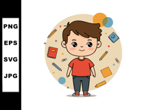 Cute boy with school supplies vector illustration in colorfu Product Image 1