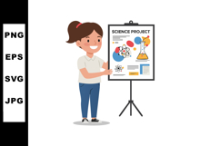 Girl presenting science project with colorful chemistry illu Product Image 1