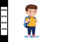 Boy carrying blue backpack wearing yellow shirt and red shoe Product Image 1