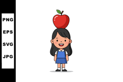 Girl with Red Apple Balanced on Head Cartoon Character Illus Product Image 1
