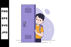 Boy hiding behind purple school locker illustration with bac Product Image 1