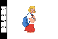 Teen girl with blue backpack and red skirt looking worried o Product Image 1