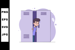 Boy peeking out from purple locker in school hallway vector Product Image 1