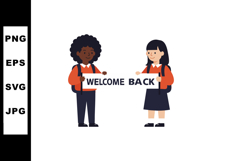 Two diverse schoolchildren holding welcome back banner vecto Product Image 1