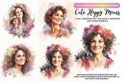 4 Happy Moms with flowers Portrait | Mother's day Watecolor Product Image 1