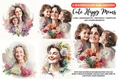 4 Happy Moms with flowers Portrait | Mother's day Watecolor Product Image 1