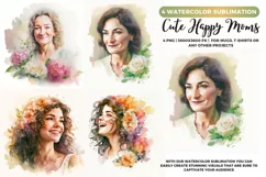 4 Happy Moms with flowers Portrait | Mother's day Watecolor Product Image 1