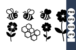 Bee and Flower Vector Icons with Honeycomb Pattern Nature In Product Image 1