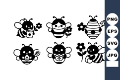 Cute cartoon bees carrying flowers and leaves with smiling f Product Image 1