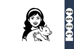 Girl holding pig smiling happy farm animal black and white v Product Image 1