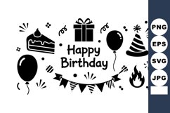 Birthday celebration icons with cake gift balloons party hat Product Image 1