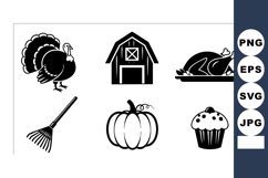 Farm Thanksgiving icons set with turkey barn pumpkin rake ro Product Image 1