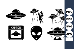 Alien UFO spaceship abducting human and caution sign black s Product Image 1