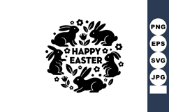 Easter rabbits silhouette circle floral design with happy Ea Product Image 1