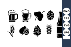 Beer icons set including mugs, bottle, hops, and wheat silho Product Image 1