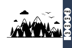 Mountain landscape with pine trees birds and clouds black si Product Image 1