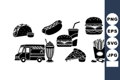 Fast food icons set with burger, pizza, fries, hot dog, taco Product Image 1