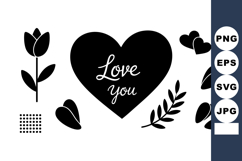 Heart love you text with tulip flowers and leaves black silh Product Image 1