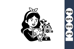 Girl holding piglet with cow and barn in background rural fa Product Image 1
