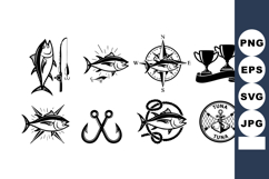 Tuna fish fishing icons collection with compass trophy and h Product Image 1