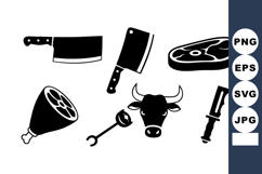 Butcher tools and meat cuts vector set with cleavers, ham, s Product Image 1