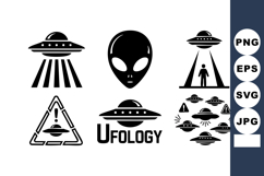 UFO and alien spaceship icons with abduction and warning sym Product Image 1