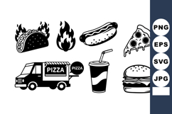 Fast food icons with burning taco, pizza slice, hotdog, drin Product Image 1