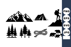 Mountain camping adventure with hikers, tents, pine trees, b Product Image 1